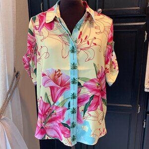 Rachel Zoe Floral Shirt Daylily Palm Trees Silky Small NWT